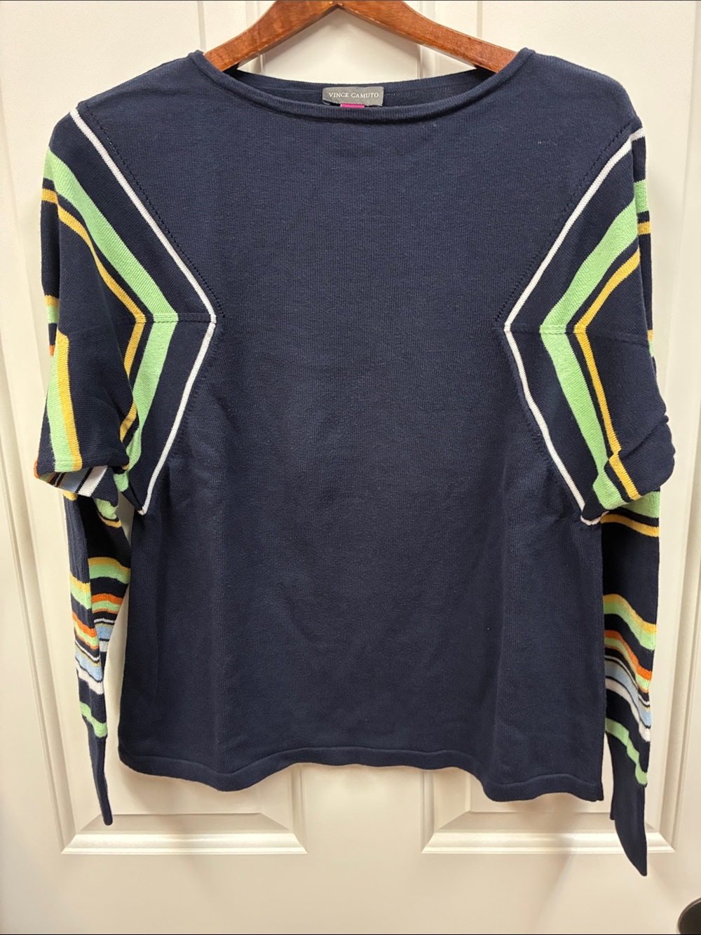 Vince Camuto Navy Sweater with Green, Yellow & White Chevron Sleeves